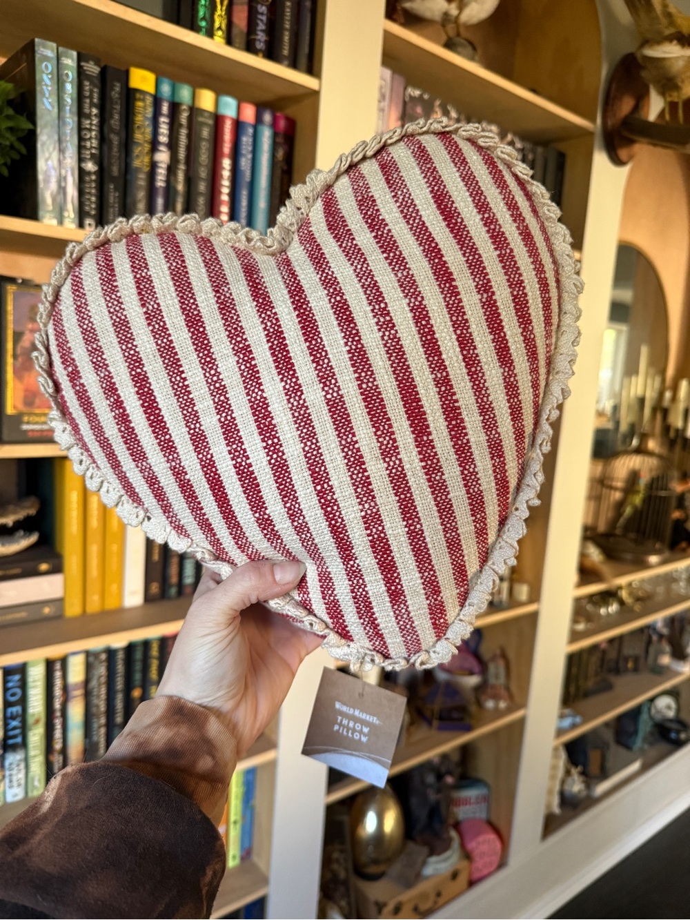 NWT world market Heart Throw Pillow - Red & Cream Striped